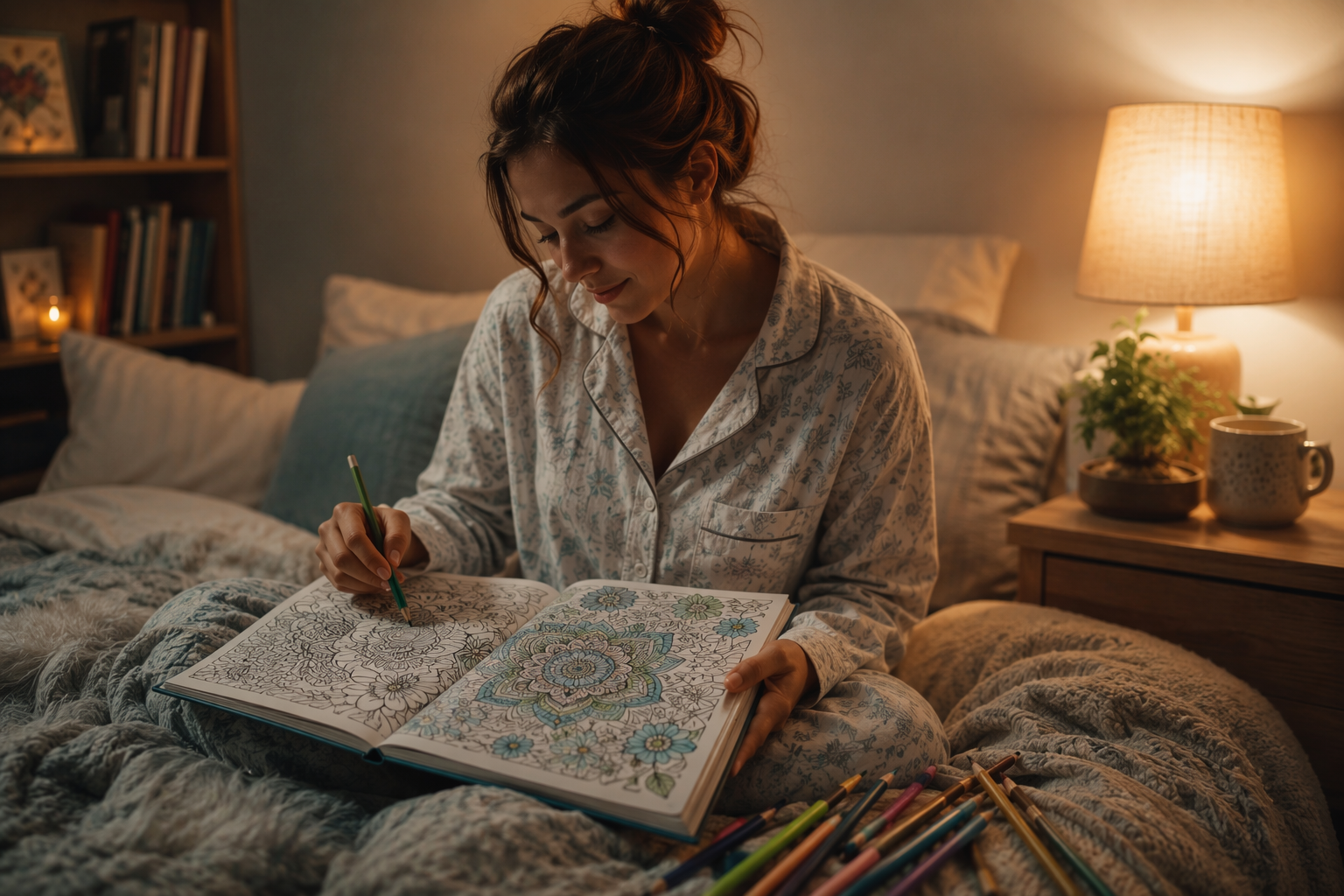 Person coloring a mandala in bed at night with colored pencils nearby