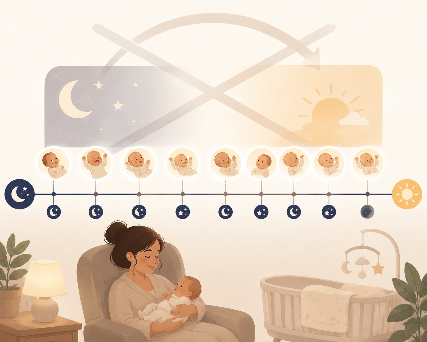 Editorial timeline from 7 p.m. to 7 a.m. with repeated baby waking points and a crossed-out 7 p.m. to 7 a.m. banner