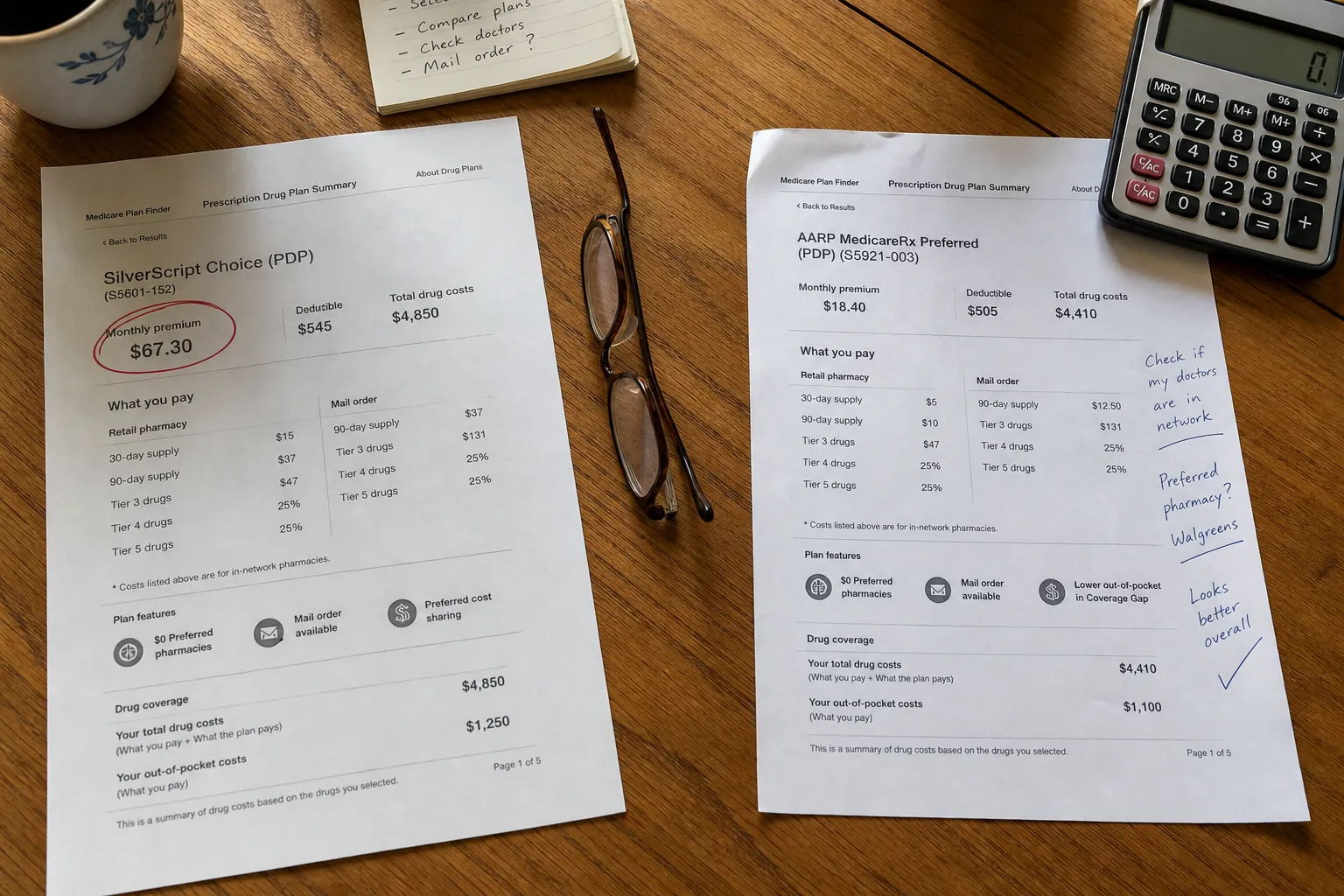 Two Medicare plan summaries compared side by side with a calculator and reading glasses