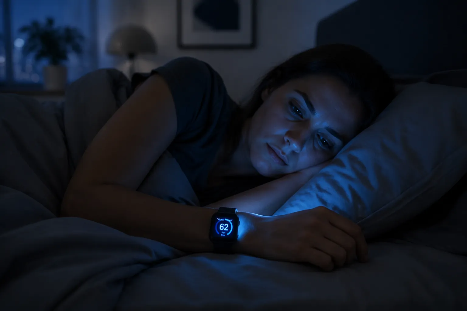 Person lying awake in a dim bedroom while a smartwatch glows with sleep data