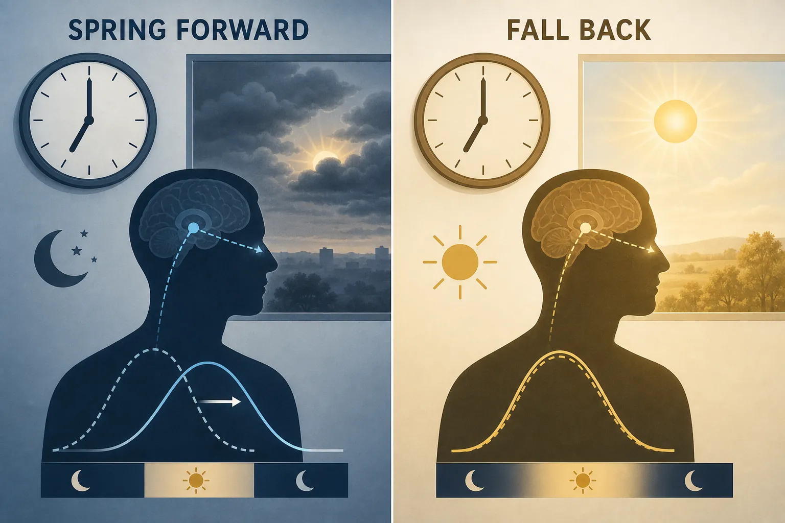 Comparison of spring forward misalignment and fall back morning-light alignment