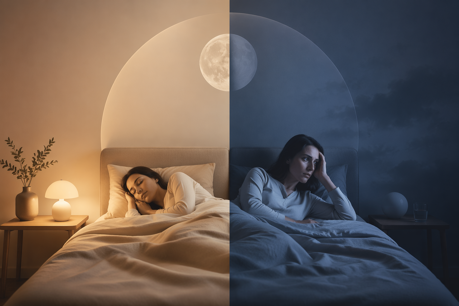 Split scene showing melatonin's potential to feel calming or unsettling