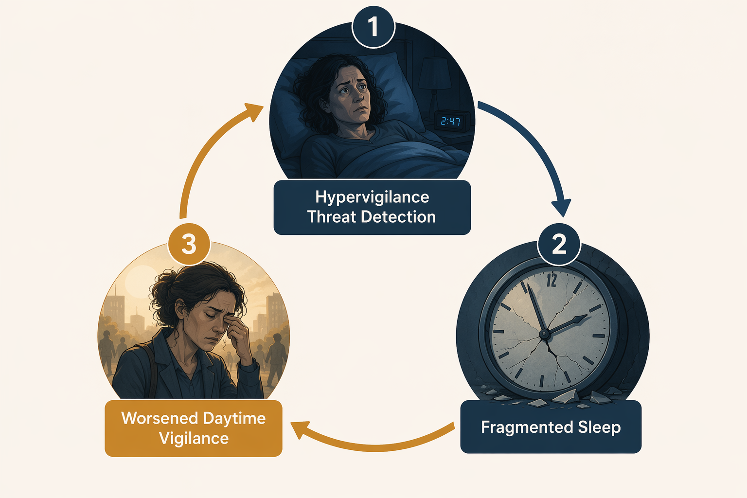 A circular diagram showing hypervigilance threat detection leading to fragmented sleep, worsened daytime vigilance, and back to hypervigilance