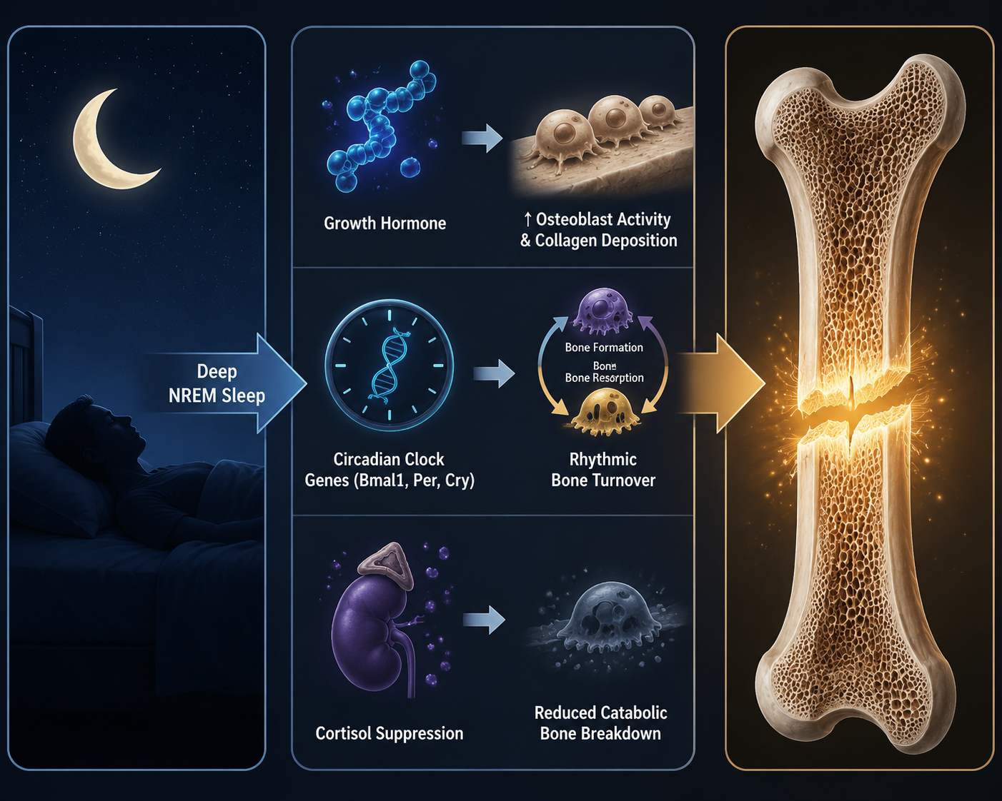 Three-panel scientific diagram showing growth hormone, circadian clock genes, and cortisol suppression connecting sleep to bone healing