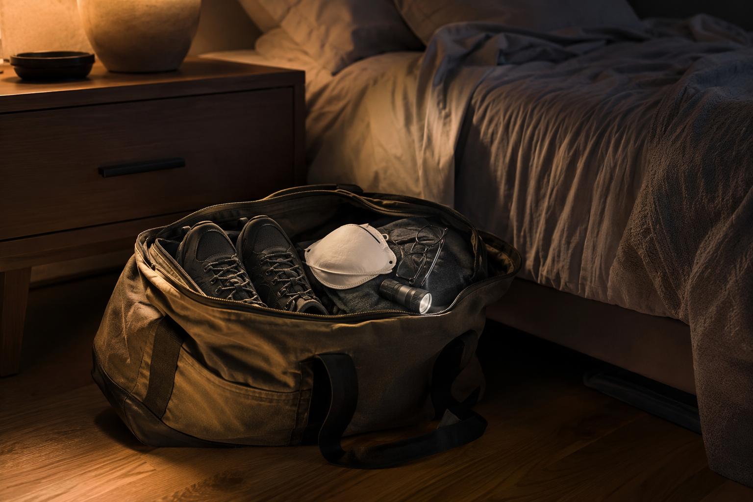 Open bedside earthquake kit with closed-toe shoes, flashlight, N95 mask, and reading glasses