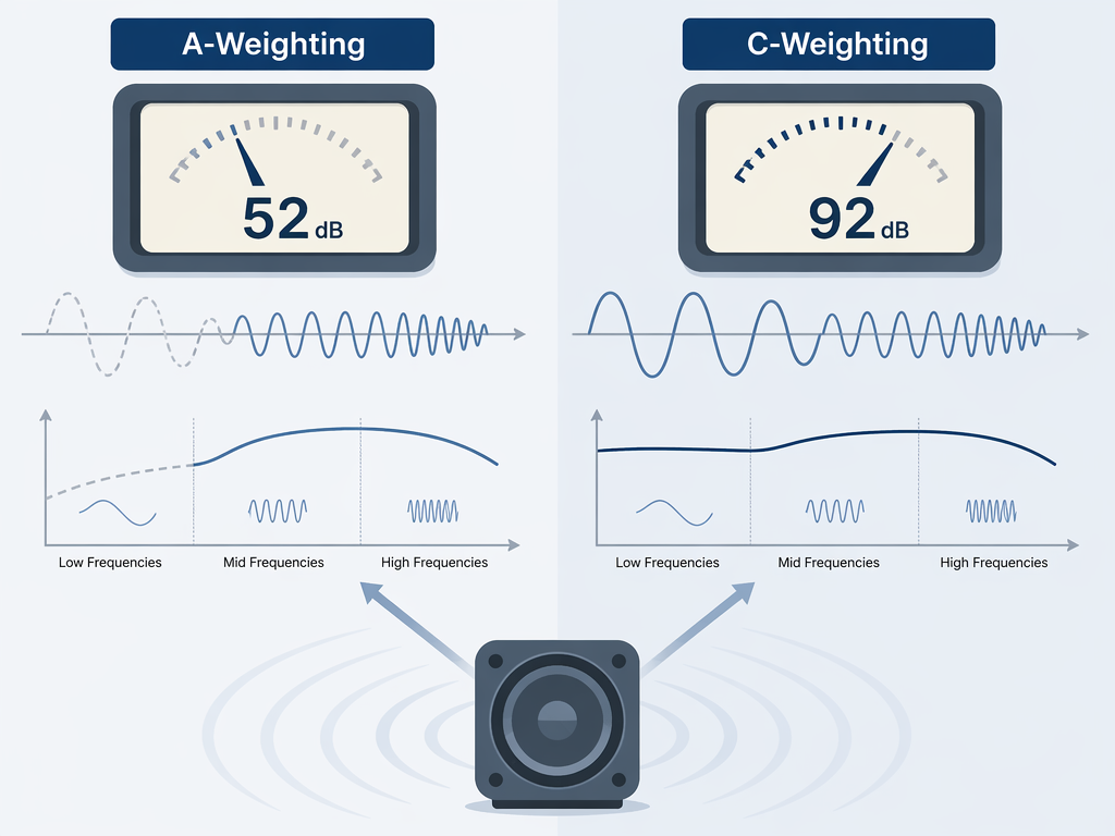Comparison of A-weighting and C-weighting displays showing how low-frequency sound can be truncated by A-weighted measurement