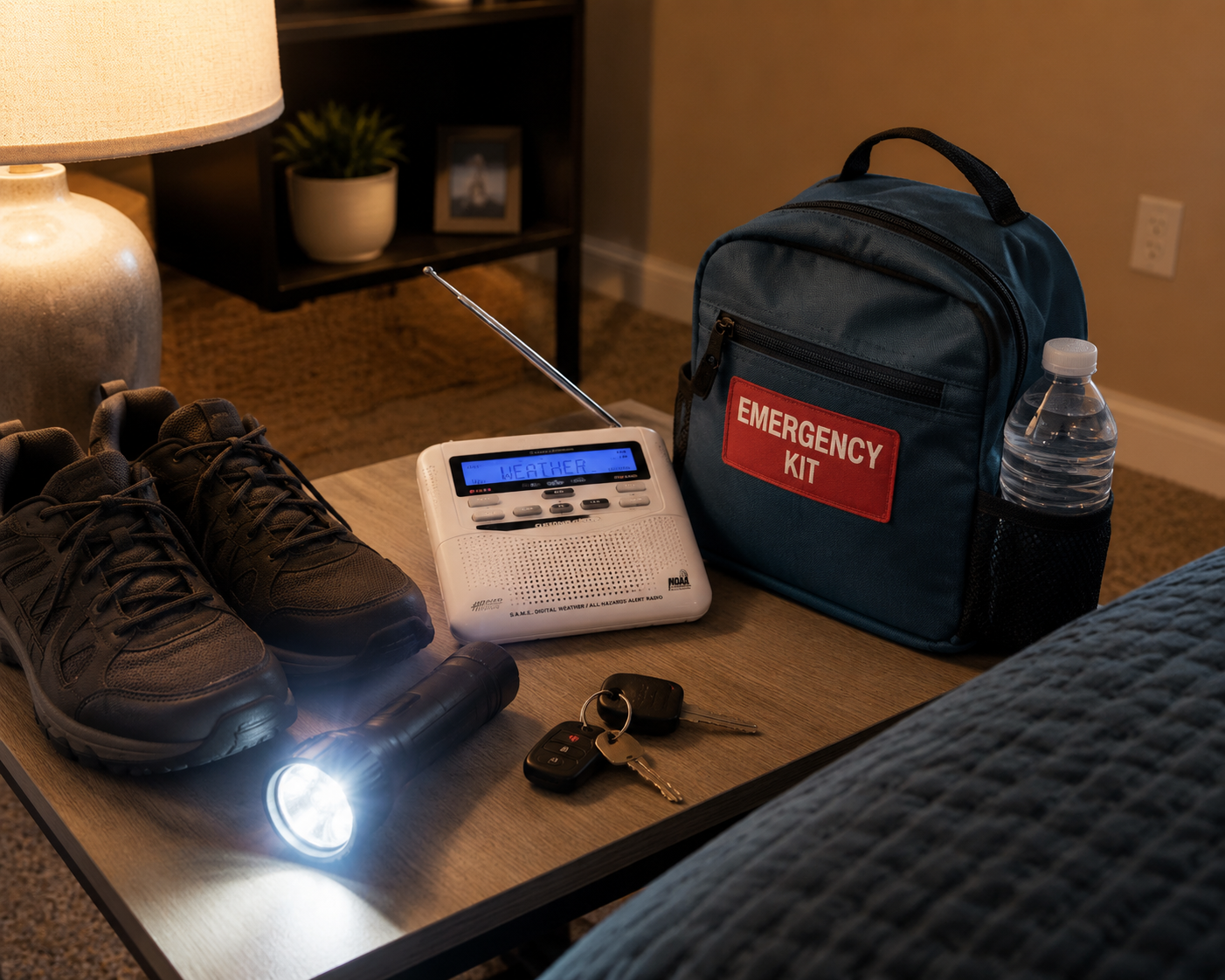 Overnight severe weather essentials staged in a windowless room