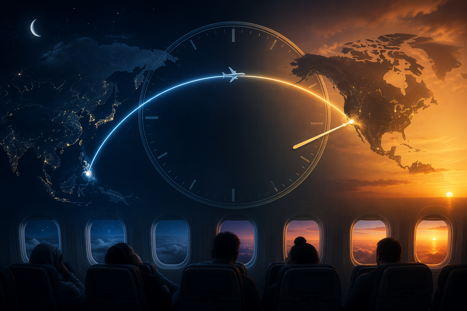Trans-Pacific flight arc from Manila to Los Angeles with a circadian clock and aircraft cabin silhouette