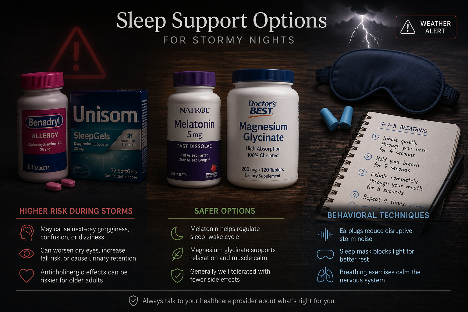 Sleep aid categories arranged as antihistamines, melatonin and magnesium, and behavioral tools with earplugs