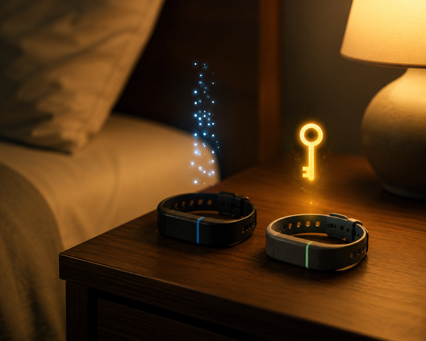 Two screenless bands on a nightstand, suggesting a choice between subscription and free data accumulation