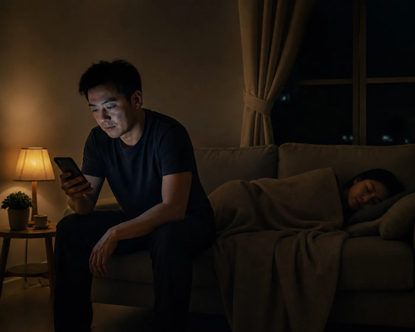One adult checks a phone during a night-watch shift while another sleeps under a blanket nearby