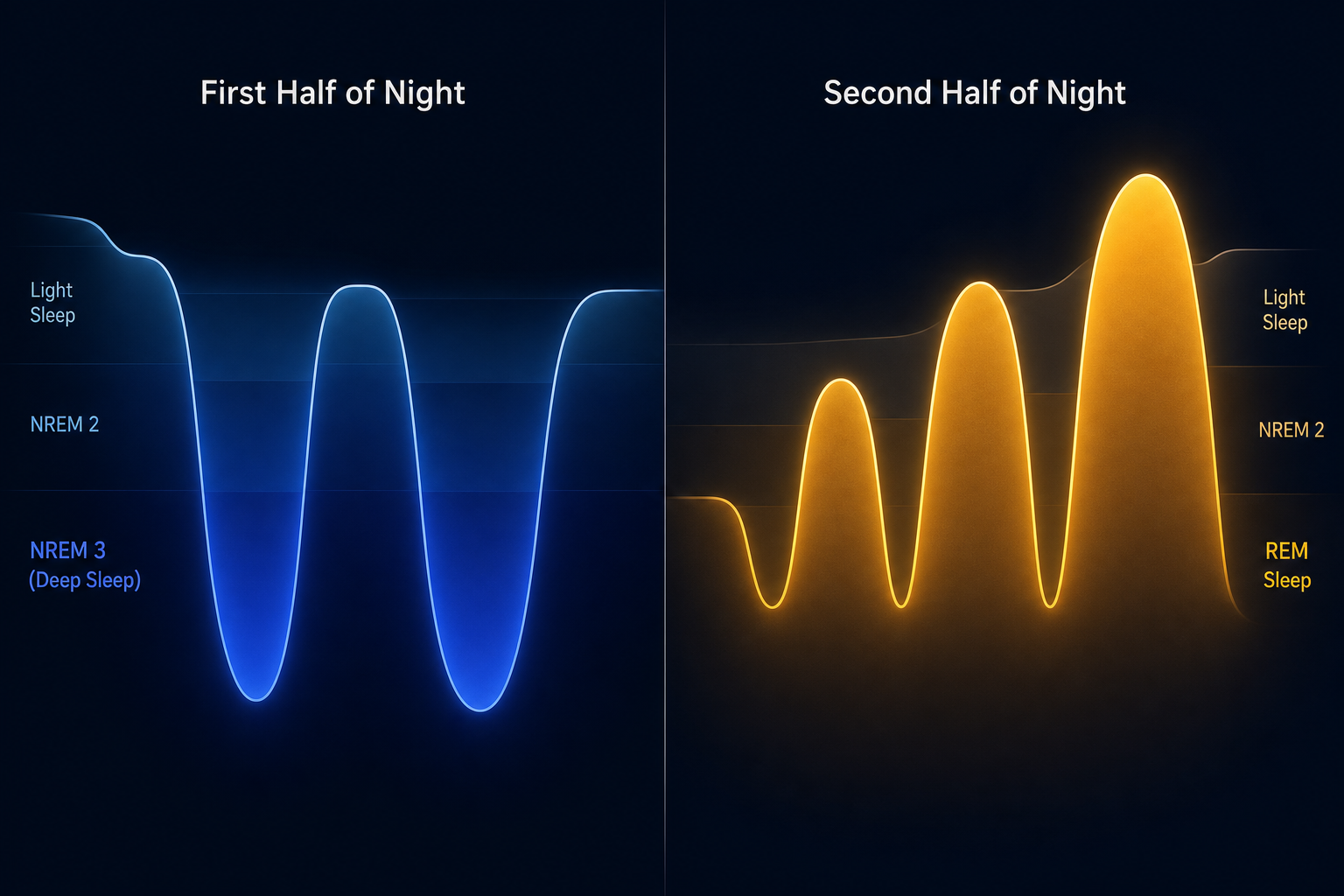 Split-panel diagram contrasting the first half of the night (two deep indigo slow-wave cycles) with the second half (three progressively wider amber REM cycles), separated by a vertical midpoint line.