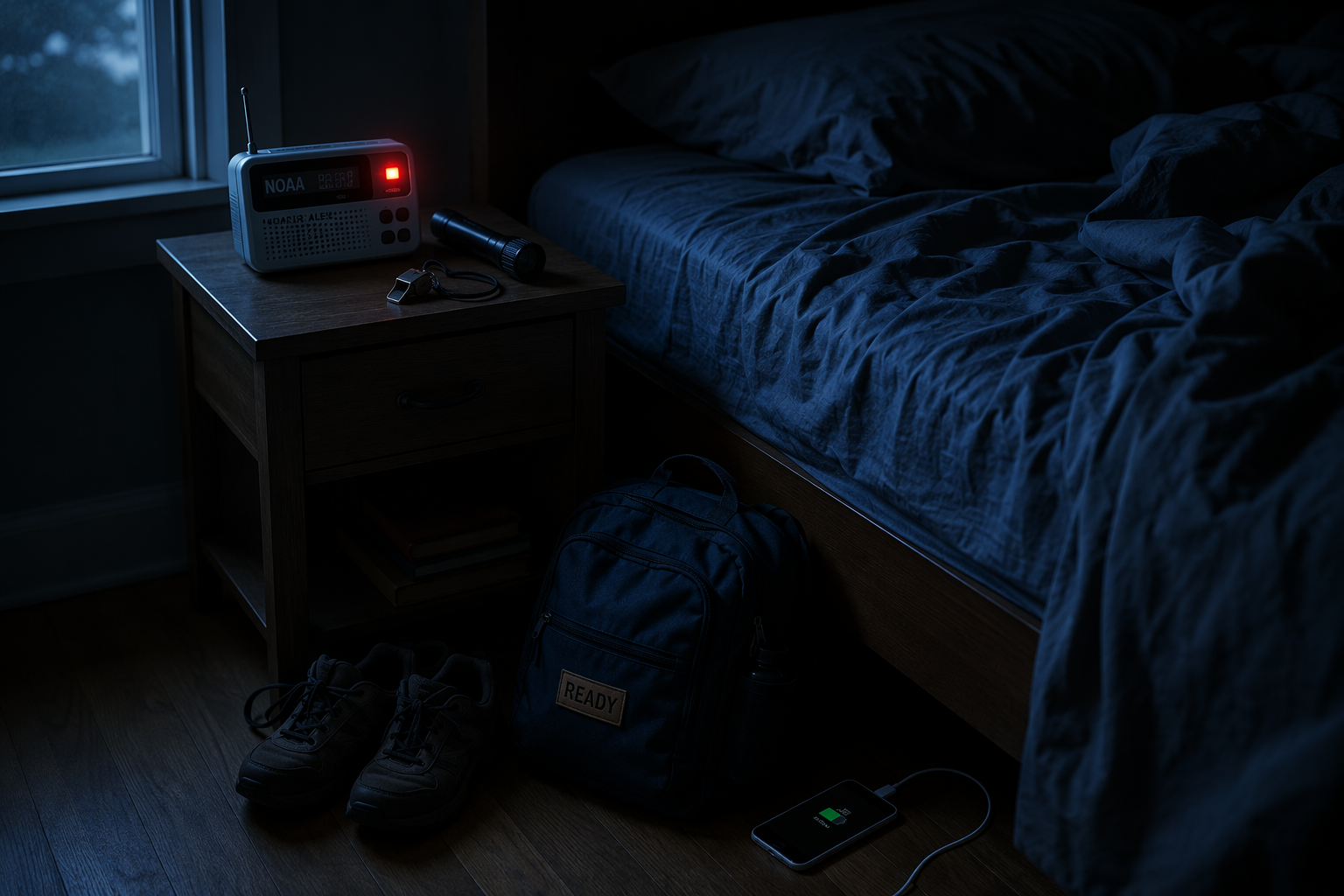Emergency flood preparedness items arranged beside a bed at night, including a NOAA weather radio, flashlight, whistle, sturdy shoes, go-bag, and charging phone