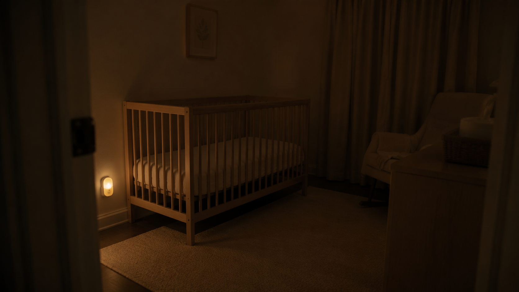 Dim nursery with a clear crib, amber nightlight near the door, and uncluttered sleep space