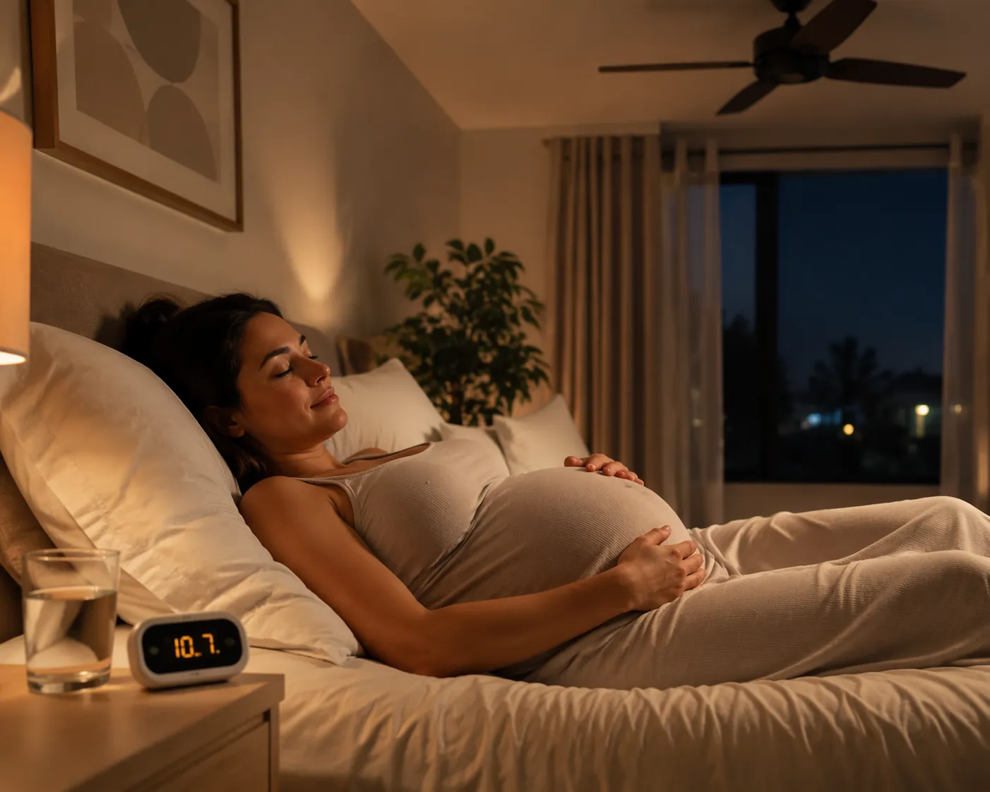 Pregnant woman resting in a warm bedroom with a thermometer, ceiling fan, and water by the bed