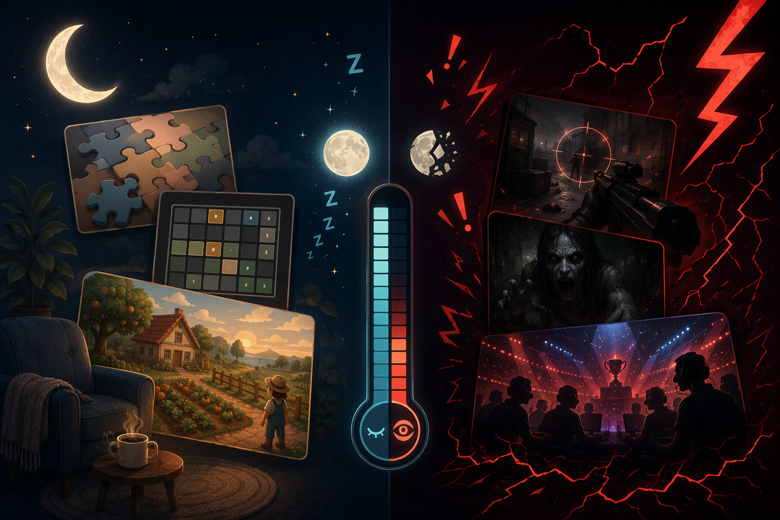 Comparison of low-arousal puzzle and cozy games with high-arousal shooter, horror, and competitive multiplayer games
