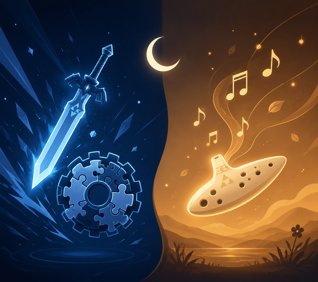 Diagram contrasting active combat and puzzle-solving with passive listening and relaxation