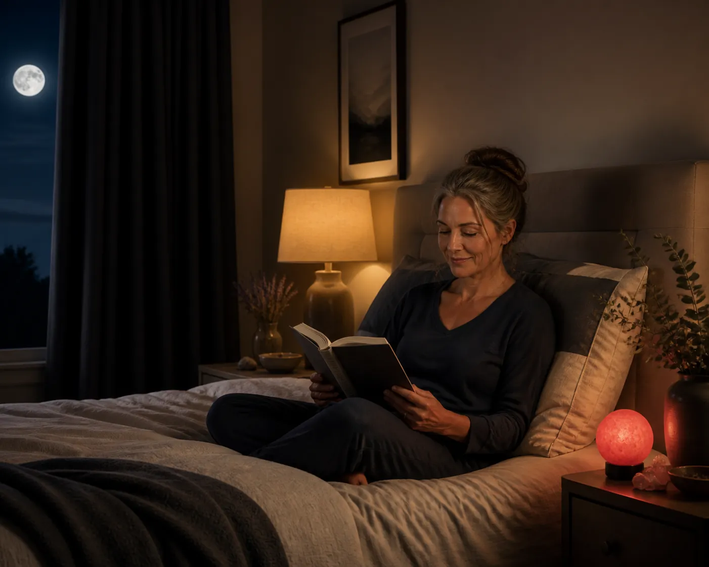 A cool bedroom with blackout curtains, warm amber lamplight, and a woman reading before sleep