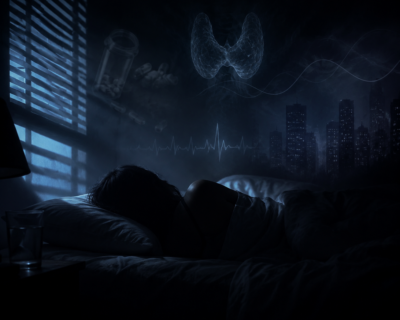 Person lying awake in a dark bedroom surrounded by subtle symbols of medication, hormones, health conditions, and city stressors