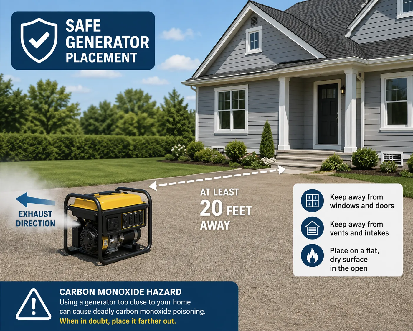 Portable generator placed outdoors away from a house with exhaust facing away from windows and doors