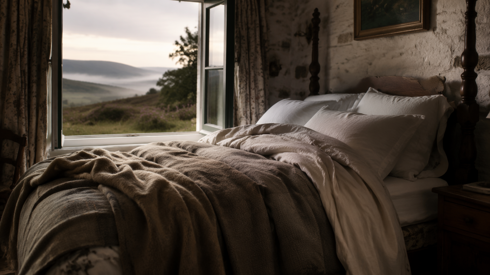 A Highland bedroom with an open window and a bed piled high with layered bedding