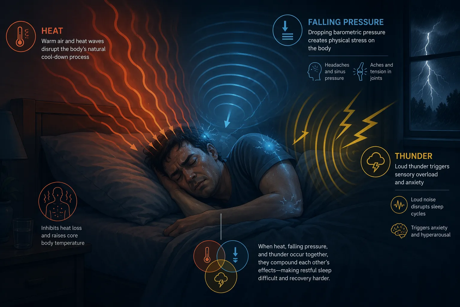 Illustration of heat waves, pressure lines, and thunderstorm cues converging on a person trying to sleep