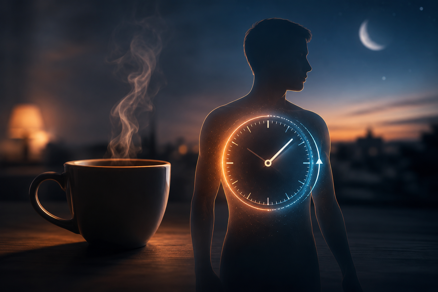 Evening coffee beside a silhouette with a glowing internal clock