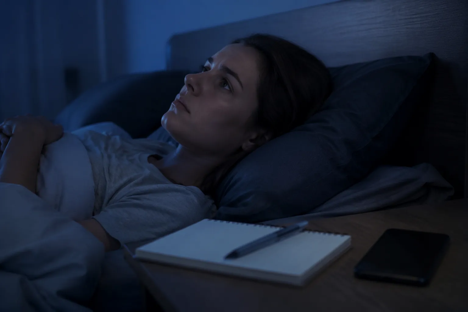 A person lies awake in a calm blue-lit bedroom with a phone face-down beside a notebook and pen