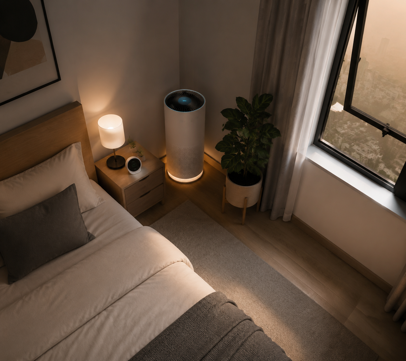Bedroom with a HEPA air purifier, a slightly cracked window, and an environmental monitor on the nightstand