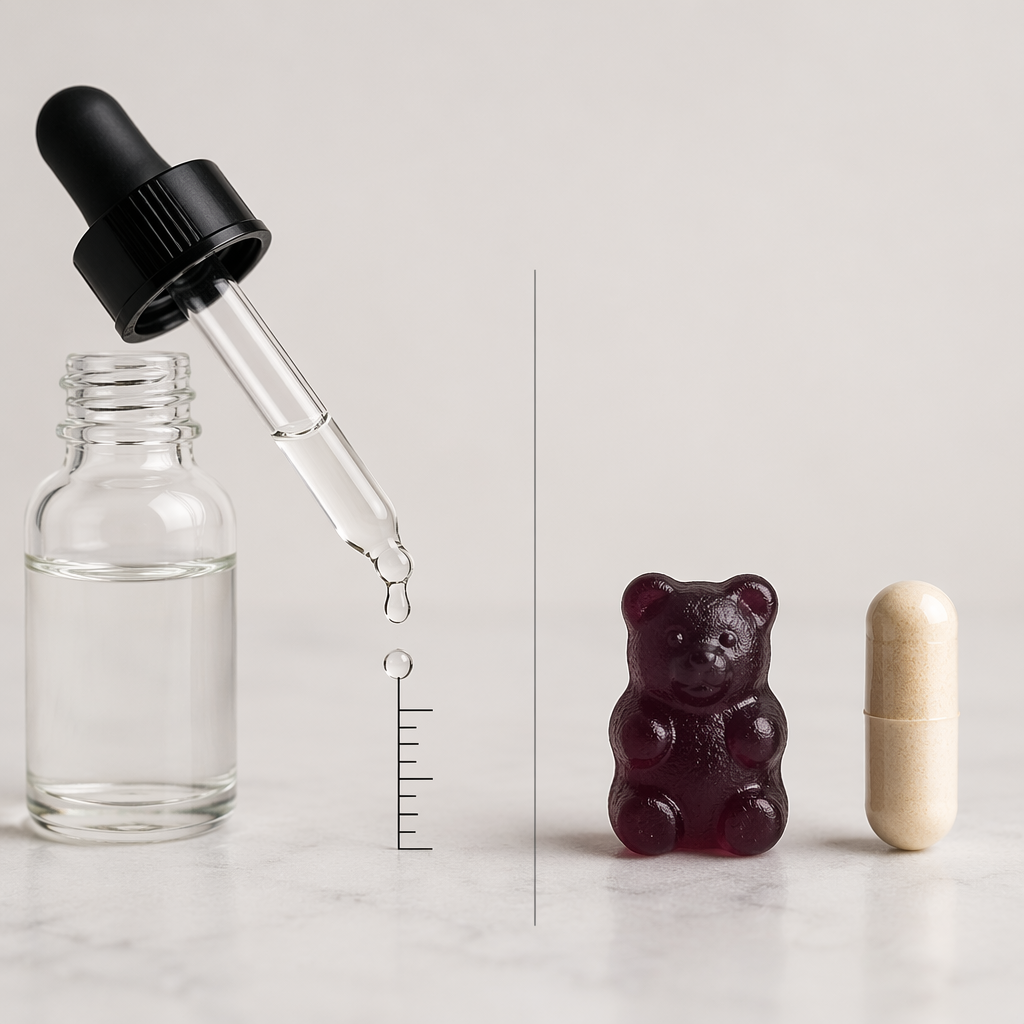 Liquid dropper with measuring marks contrasted with fixed-dose gummy and capsule
