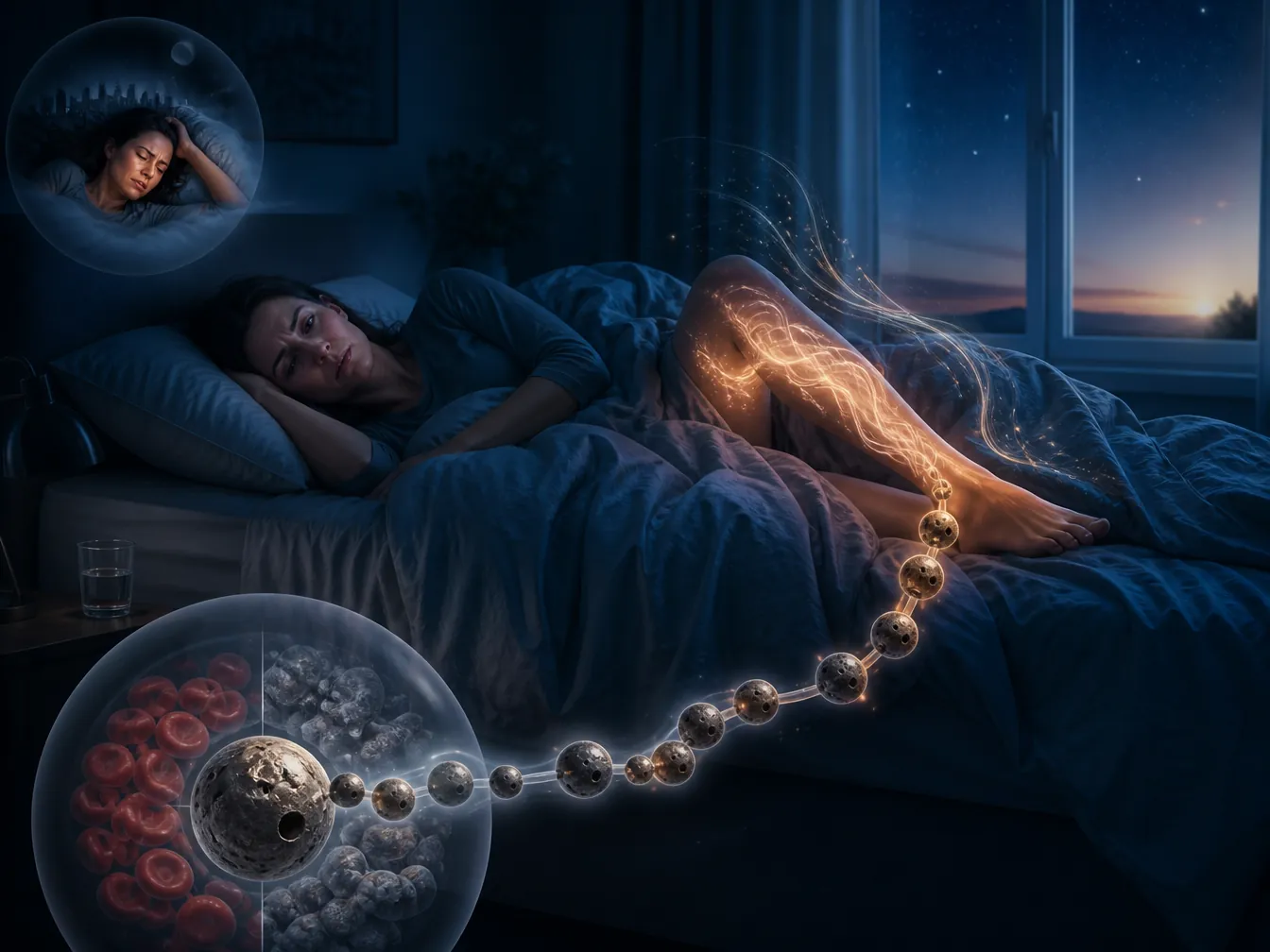 Person lying awake with restless legs and iron-colored spheres linking leg discomfort to broken sleep