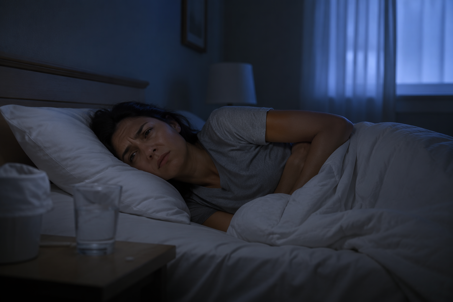 Person lying on their side in a dim bedroom with water and a trash can nearby