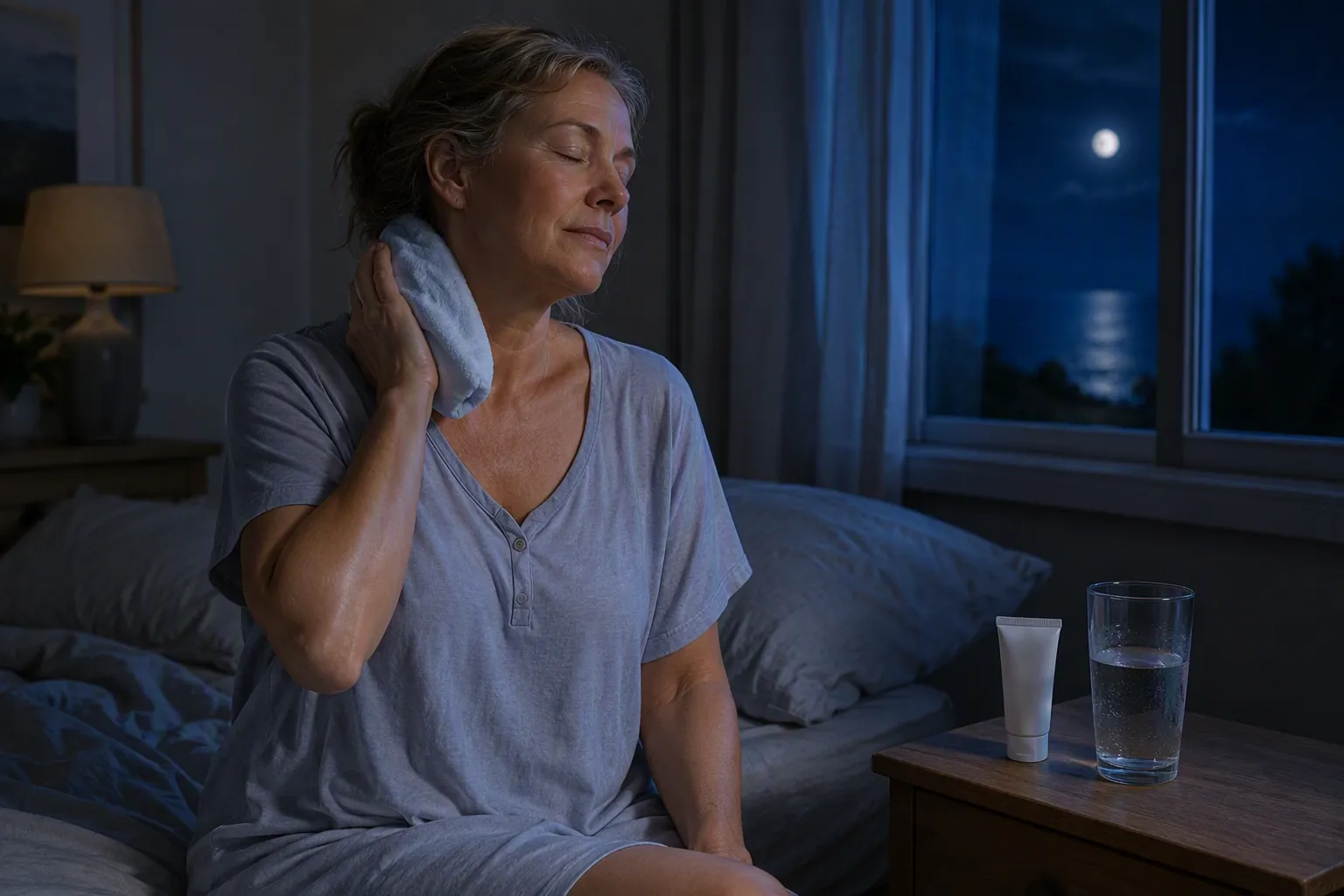 Woman sitting on the edge of a bed at night with a damp cloth on the back of her neck