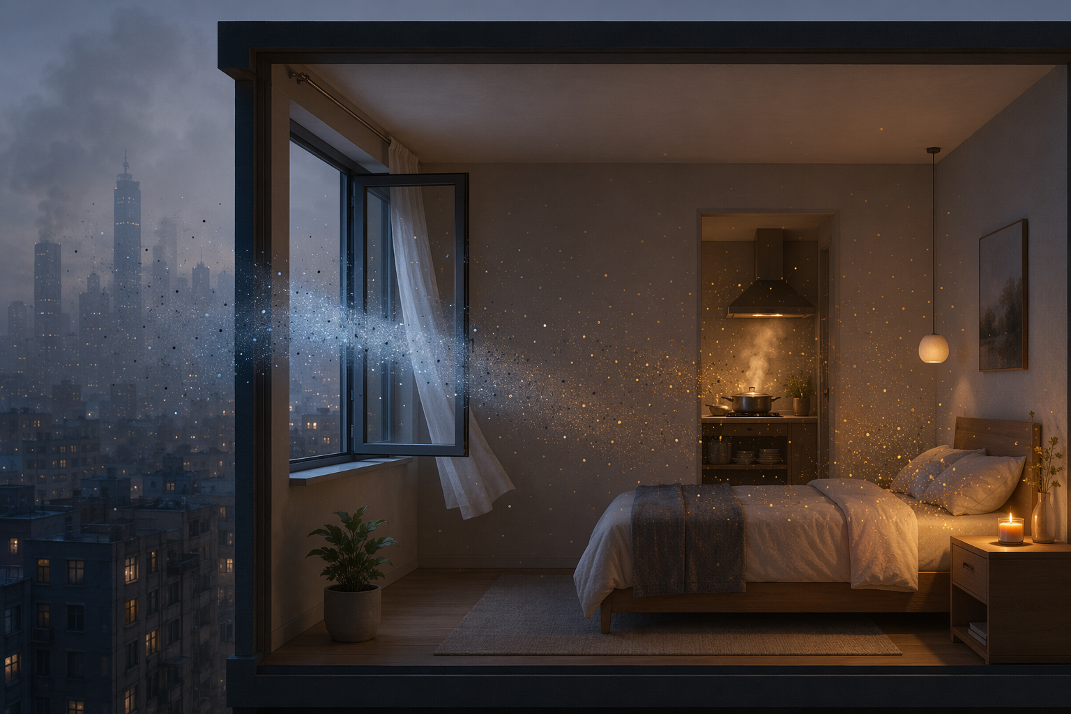 Bedroom cross-section showing polluted outdoor particles entering through a window and candle particles indoors