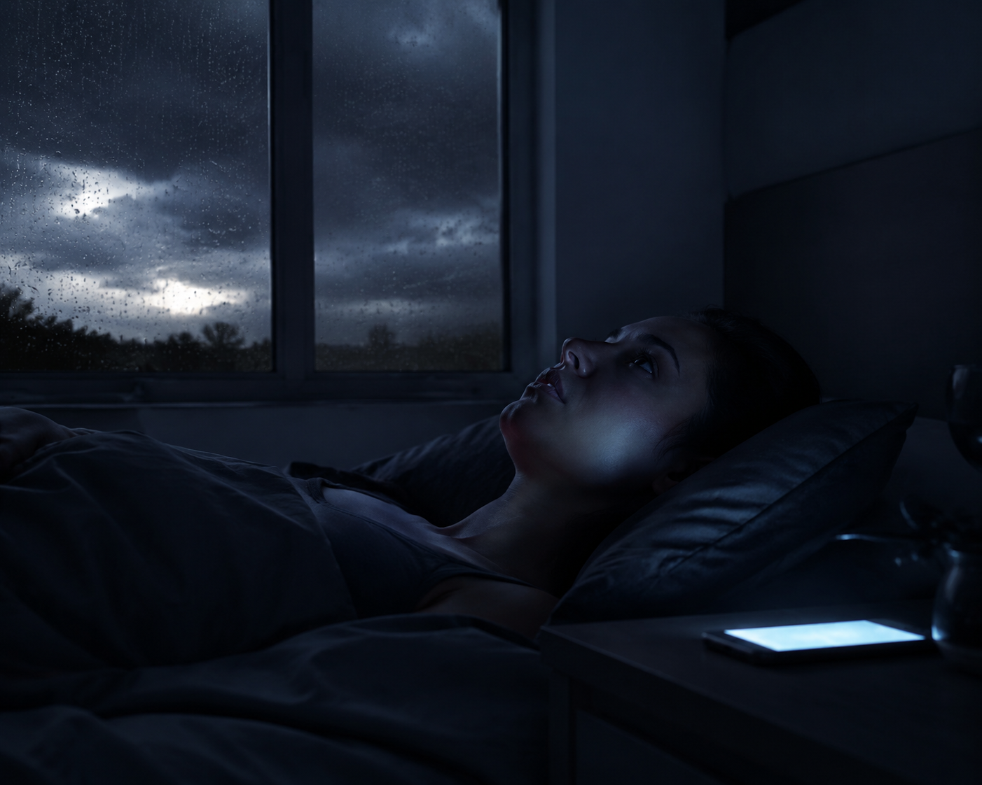 Person lying awake in a dim bedroom during stormy rain with phone light on the nightstand