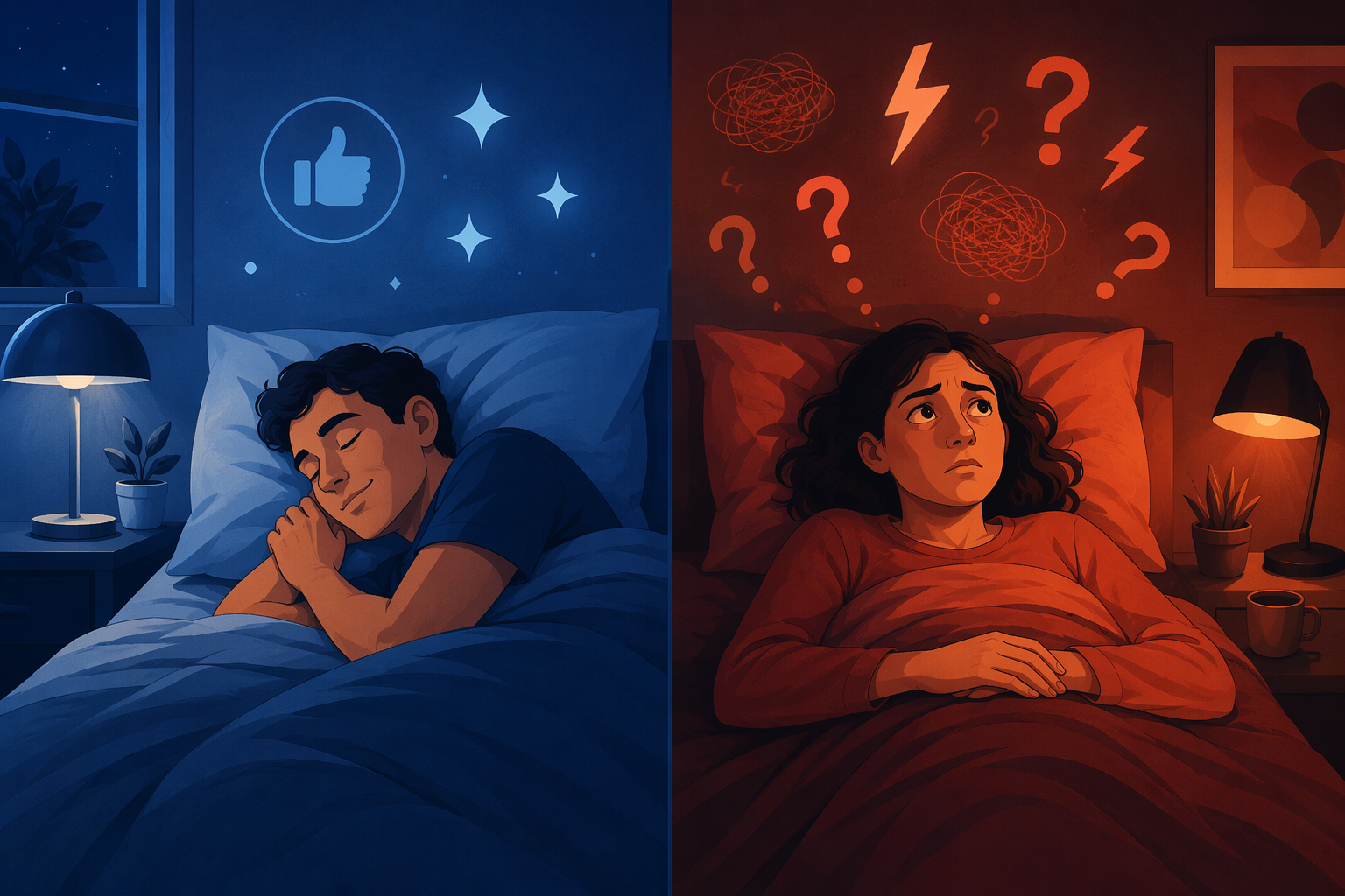 Split illustration of one viewer sleeping peacefully and another lying awake with racing thoughts