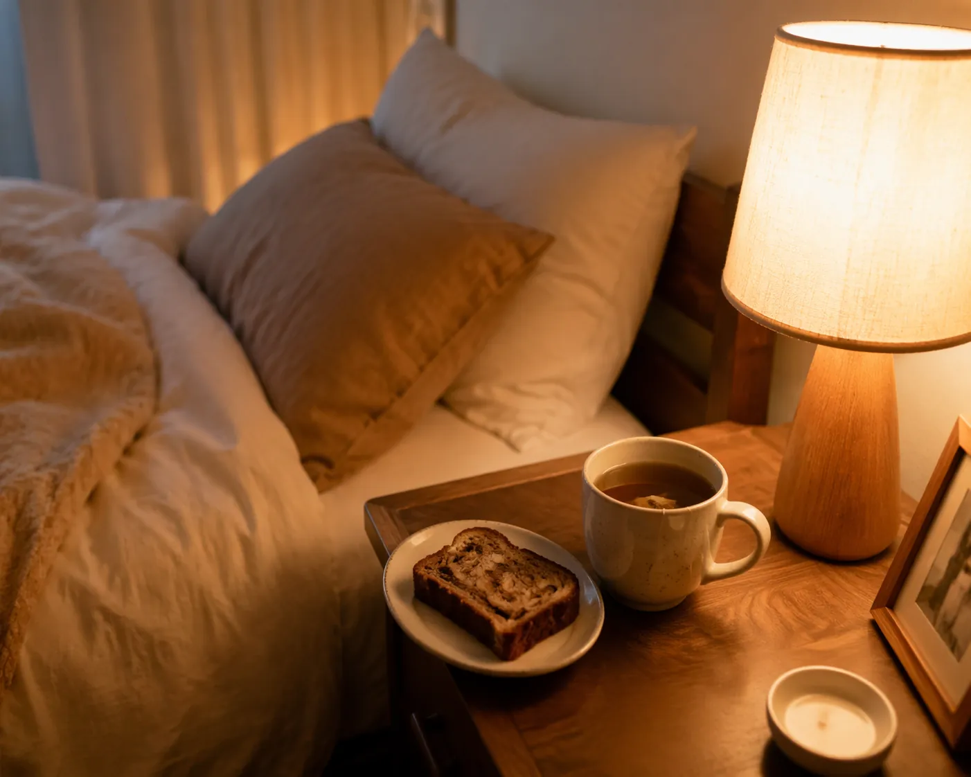 A slice of banana bread on a nightstand beside herbal tea and a warm lamp