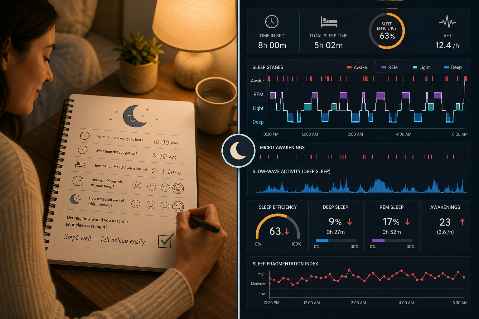 A sleep diary marked as slept well beside a monitoring readout showing fragmented sleep stages and reduced deep sleep