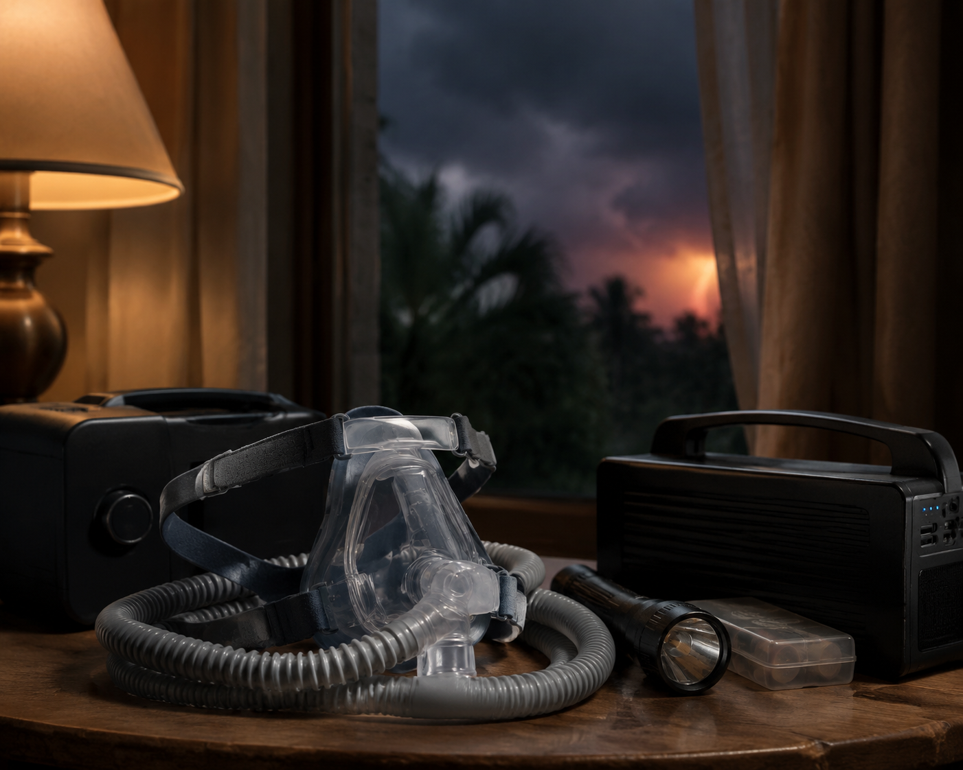 CPAP mask, breathing tube, battery pack, and flashlight on a bedside table as storm clouds gather outside