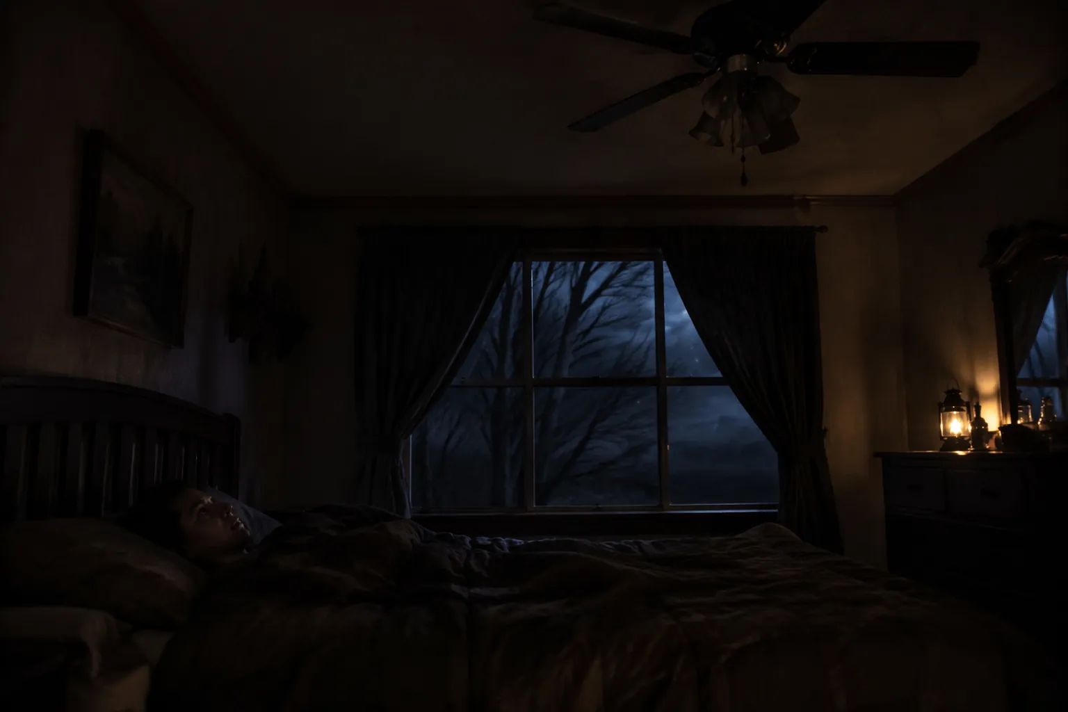 Dark bedroom during a severe wind storm with a motionless ceiling fan and an adult lying awake under a blanket
