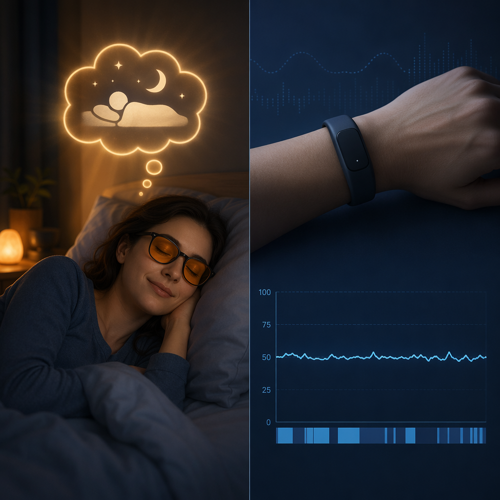 Illustration contrasting a calm sleeper using amber glasses with an actigraphy wristband and flat data line