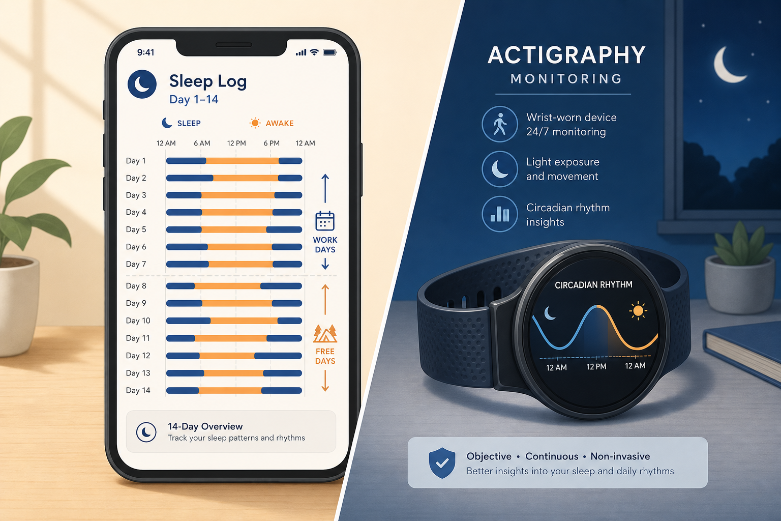 A split illustration showing a smartphone with a 14-day sleep log and an actigraphy wristband with a circadian curve.