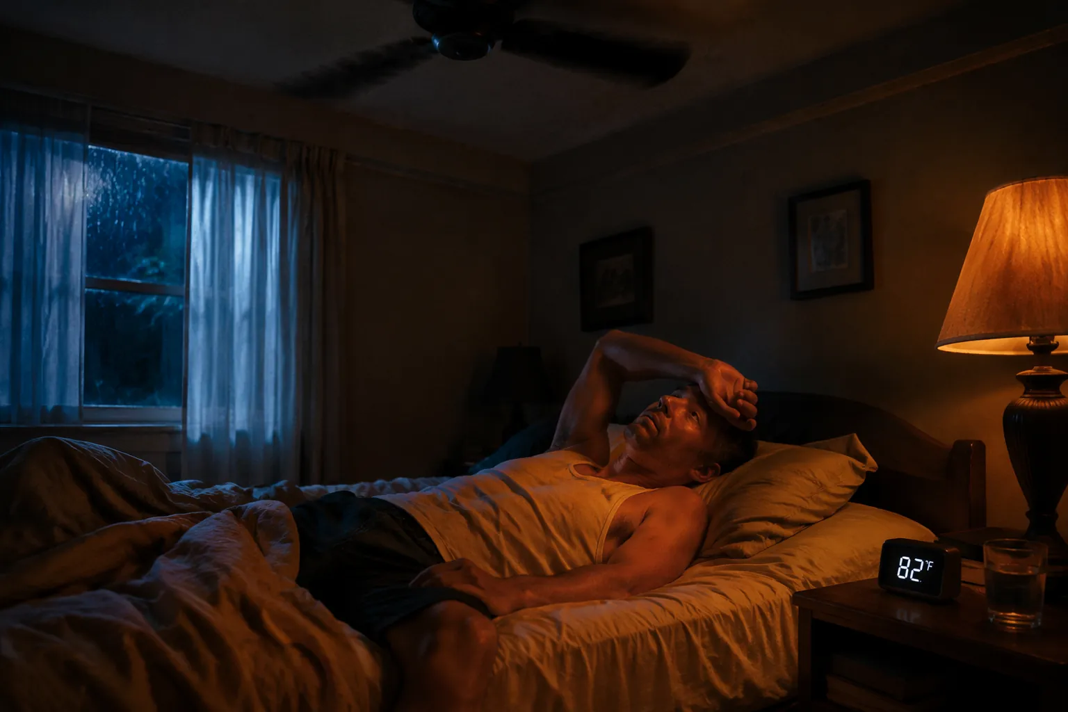 A warm bedroom at night with a person awake in bed, an 82°F thermometer on the nightstand, and a ceiling fan overhead