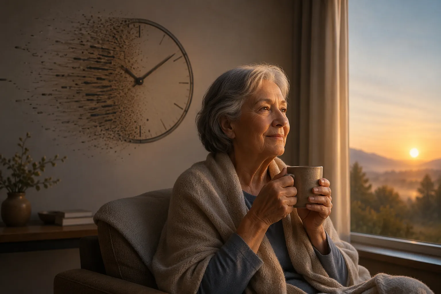 Older woman sitting by a window in dawn light with an abstract clock face suggesting an earlier circadian rhythm