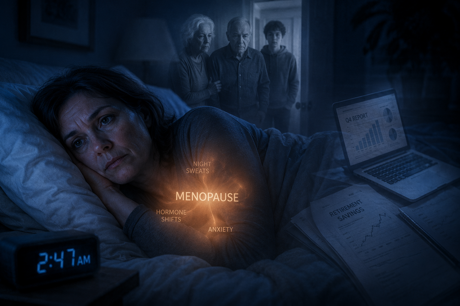 A Gen X woman awake in bed at 2:47 a.m. with caregiving, work, and hormonal pressures around her