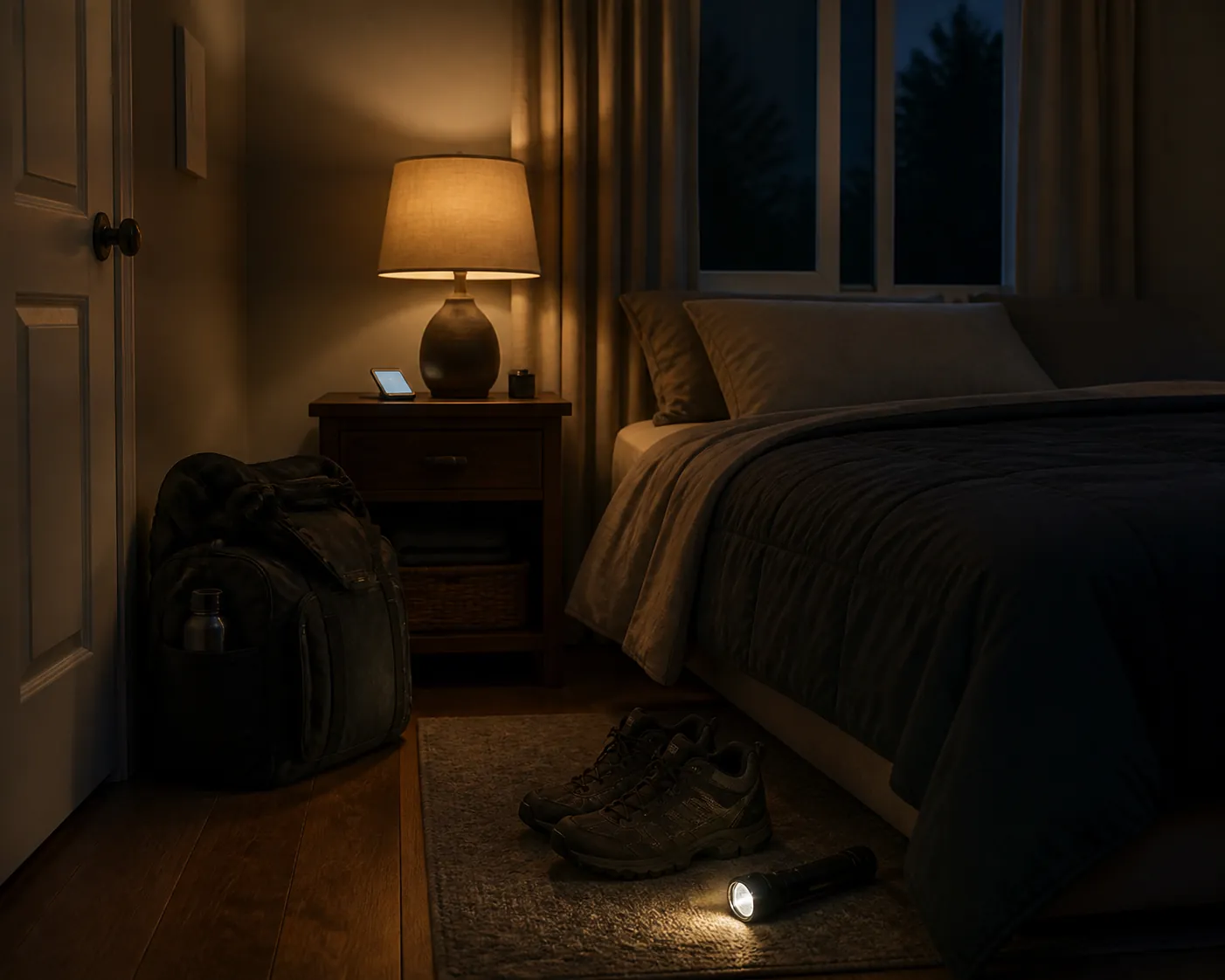 A dim bedroom staged for evacuation with a packed go-bag, shoes, flashlight, and phone within reach