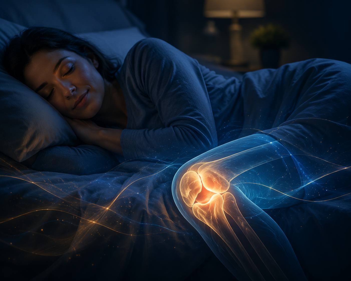 A person sleeping while an anatomical knee joint glows to symbolize active tissue repair during deep sleep