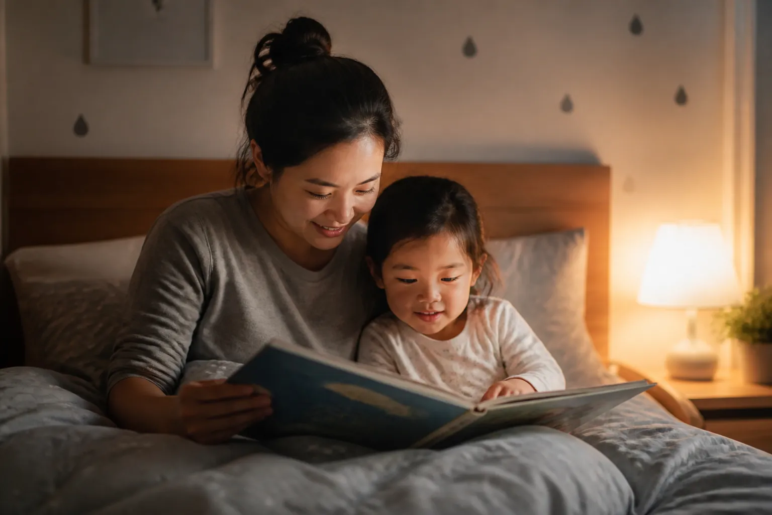 A parent and young child reading a physical picture book together under warm bedside lamp light with no screens in view