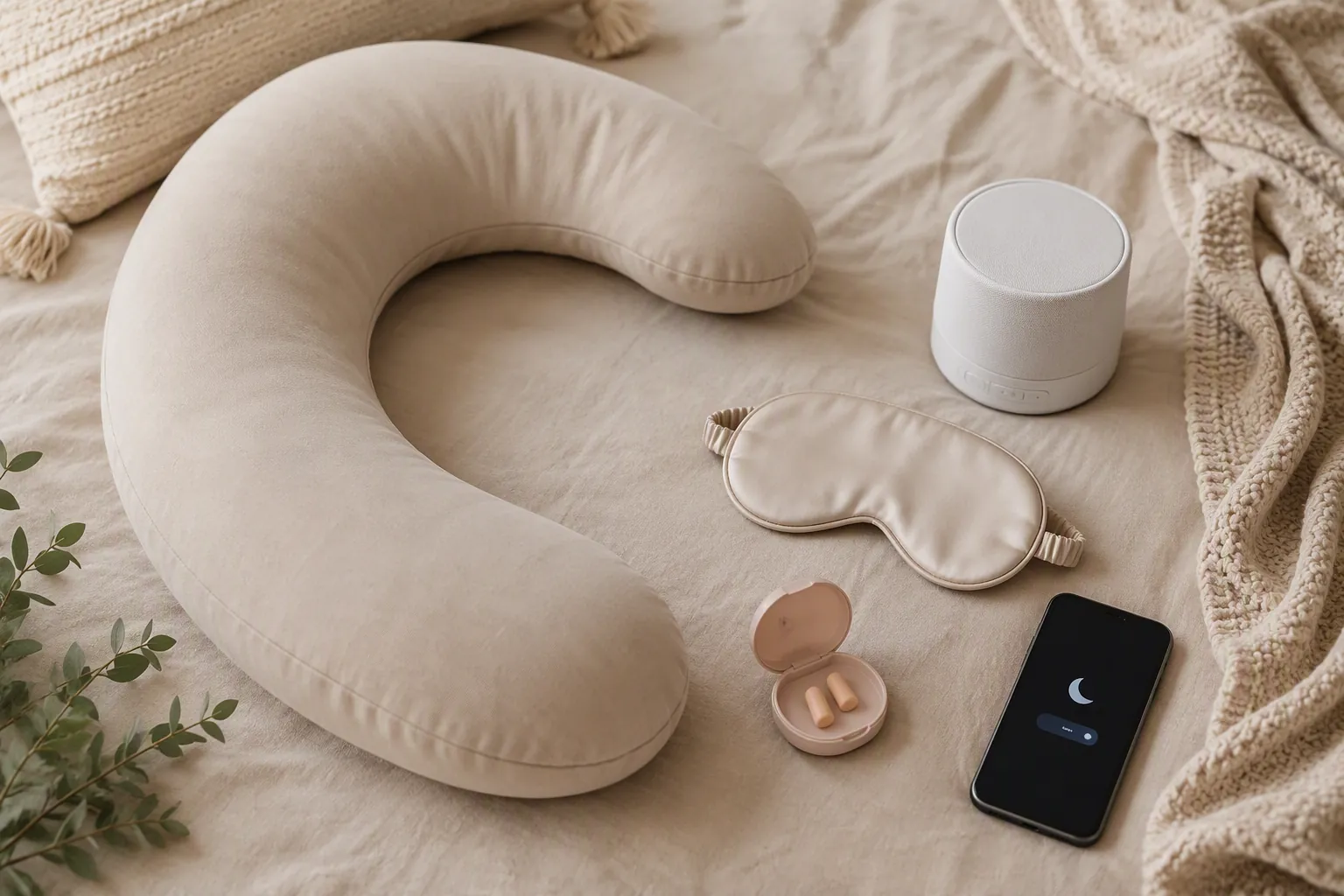 Pregnancy sleep accessories arranged on a bed including pillow, eye mask, earplugs, diffuser, and phone