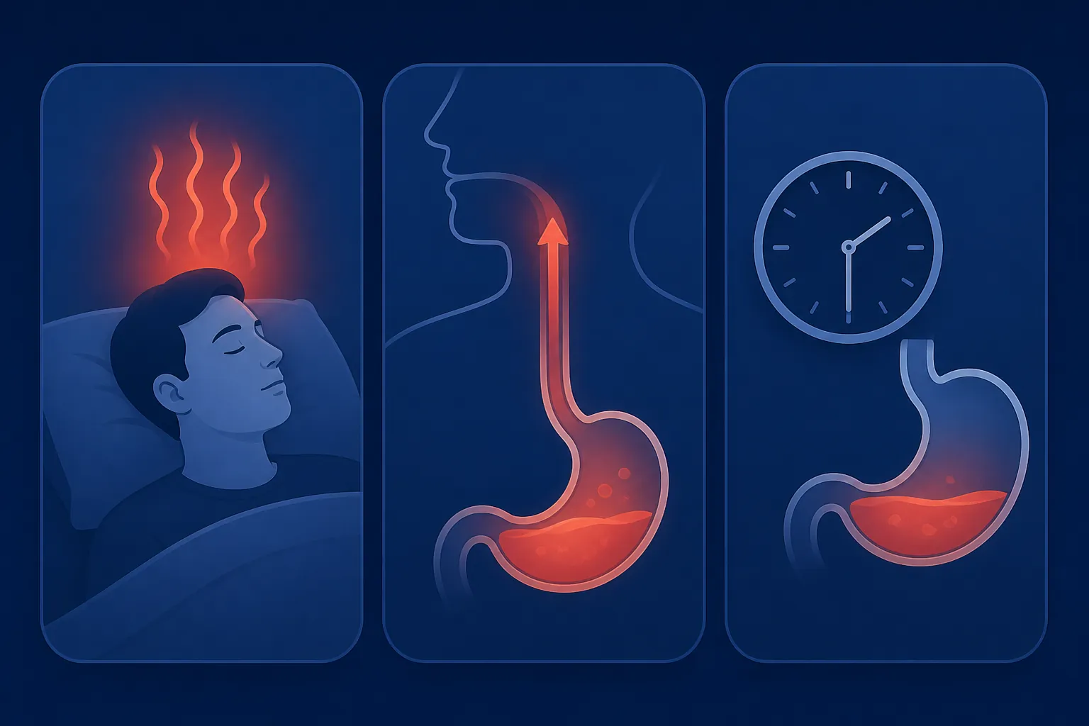 Illustration of heat, reflux, and late digestion pathways from a spicy evening meal to disrupted sleep
